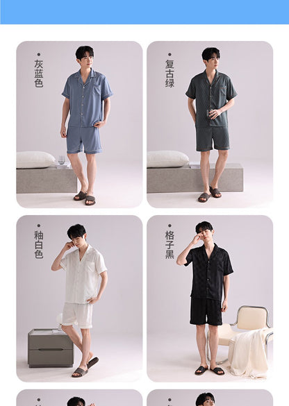 Ice Silk Pajamas Men's Spring and Summer Light and Breathable Simulation Silk Satin Short-sleeved Shorts Youth Simple Loungewear