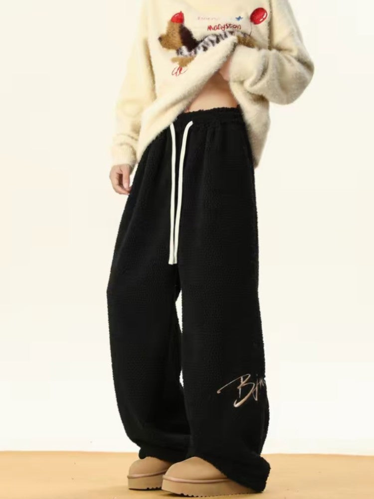 Women's Embroidered Flannel Sweatpants American Lamb Fleece Cotton Thickened Warm Couple Skiing Pants Autumn