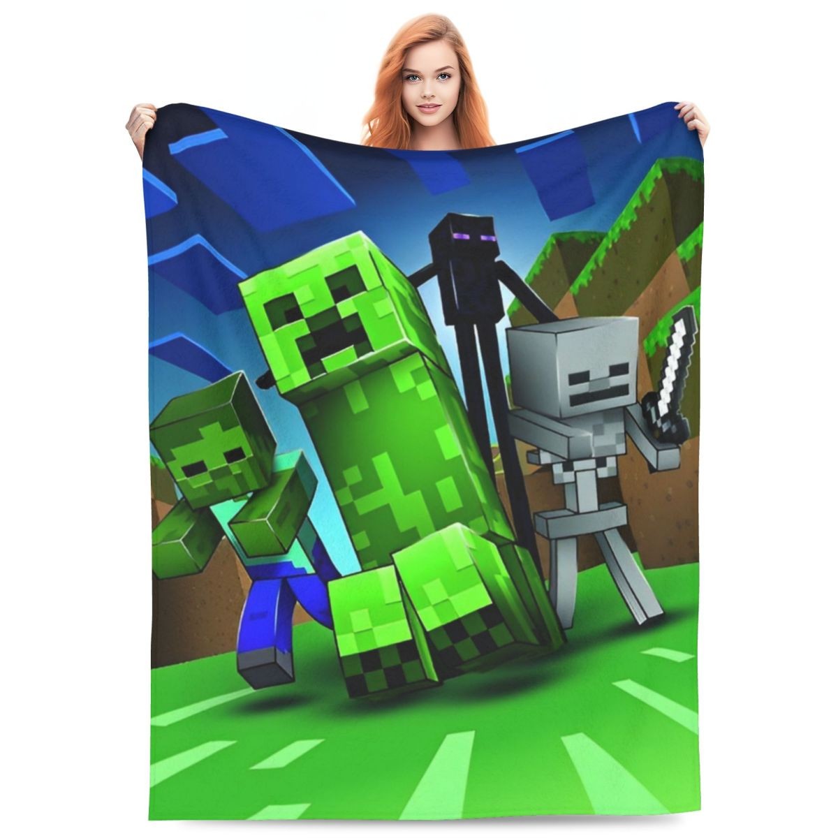 Cartoon Mines Pixel Game Crafts Flannel Blanket Super Warm Throw Blanket for Home Decor Decorative Street Trend Bedspread