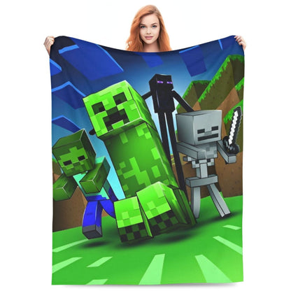 Cartoon Mines Pixel Game Crafts Flannel Blanket Super Warm Throw Blanket for Home Decor Decorative Street Trend Bedspread