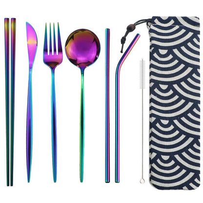 8pcs Portable Travel Knife Fork Spoon Chopsticks Straw Dinneware Set Blue Cutlery Set 304 Stainless Steel Silverware with Pouch