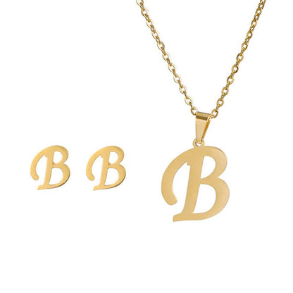 Conjunto Feminino de Colar e Brincos de Aço Inoxidável com Letra Inicial do Alfabeto A-Z - Joias Personalizadas de 26 Letras Inglesas - Presente