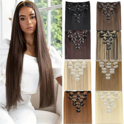 Extensão de cabelo liso longo sintético de 24 polegadas 7pçs/conjunto 16 clipes Penteado Preto Loiro Peruca para mulheres 2026