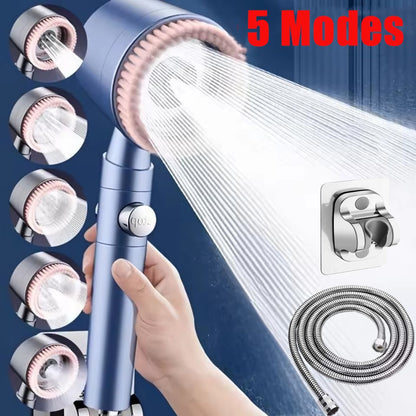 Chuveiro Booster 5 Modos com Escova Massageadora de Alta Pressão para Economia de Água Portátil Filtro de Banheiro com Mangueira e Suporte