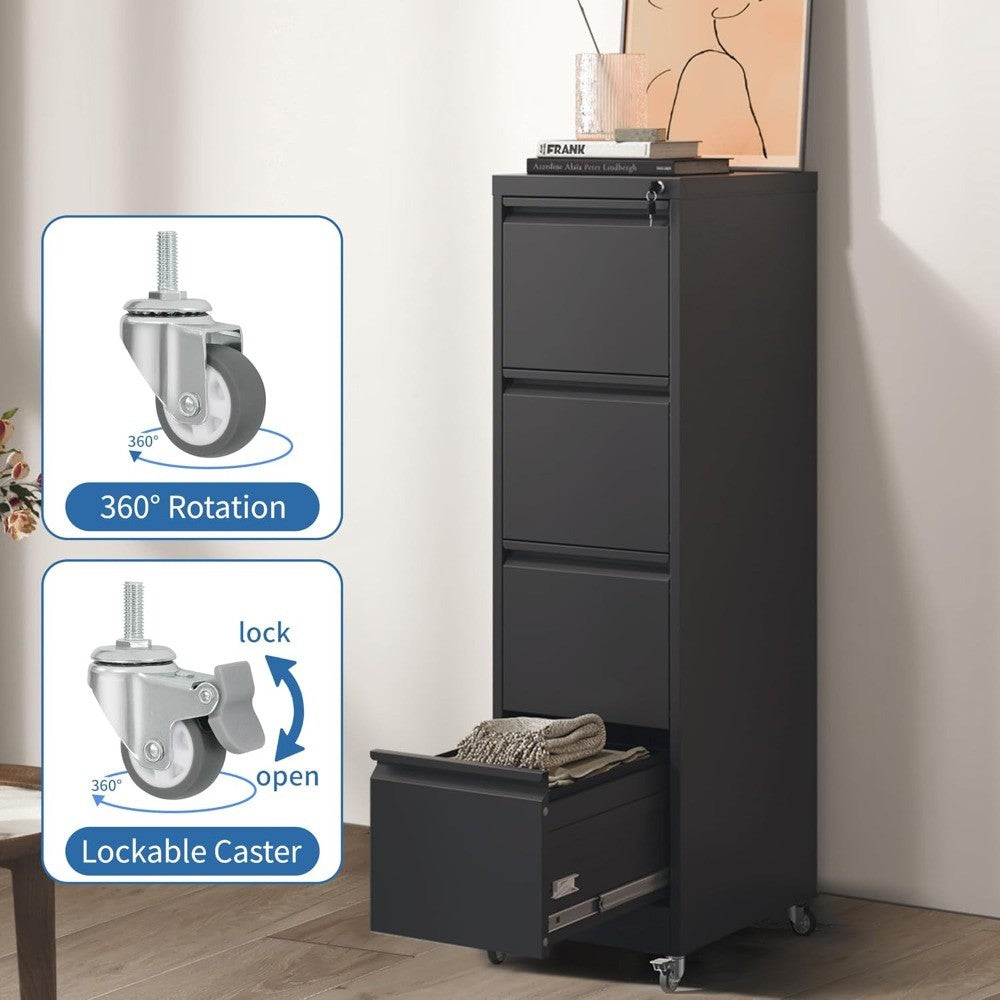 4 Drawer Mobile File Cabinet, Metal Filing Cabinet with Lock and Wheels, Home Office Rolling File Cabinets for Legal/Letter