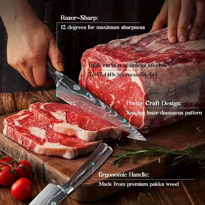 MDHAND Conjunto de Facas de Chef com Padrão de Damasco a Laser de 1 a 10 peças, Fatiador de Carne em Aço Inoxidável, Cutelo com Cabo de Madeira Antiderrapante, Coleção