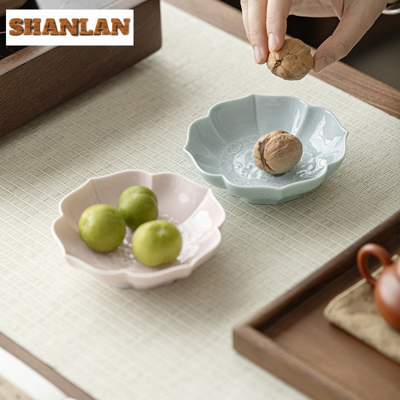 Creative Lotus Pattern Fruit Plate Zen Ceramic Snack Plate Retro Fruit Dishes Boutique Pastry Plate Hospitality Dishes Crafts