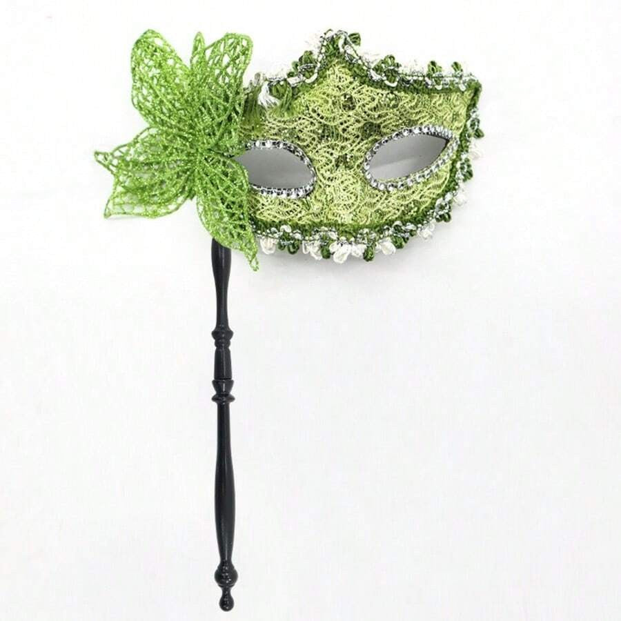 Womens Pink Lace Masquerade Mask With Handle For Party Halloween Valentine Celebration