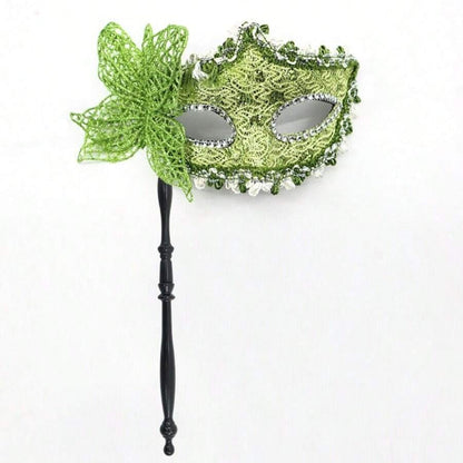 Womens Pink Lace Masquerade Mask With Handle For Party Halloween Valentine Celebration