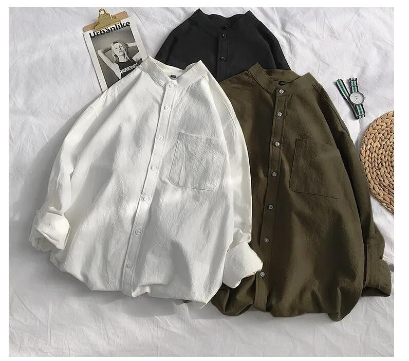 Simple Design Solid Colors Long Sleeve Shirts Korean Fashion Mandarin Collar 100% Cotton White Black Shirt Soft and Comfort