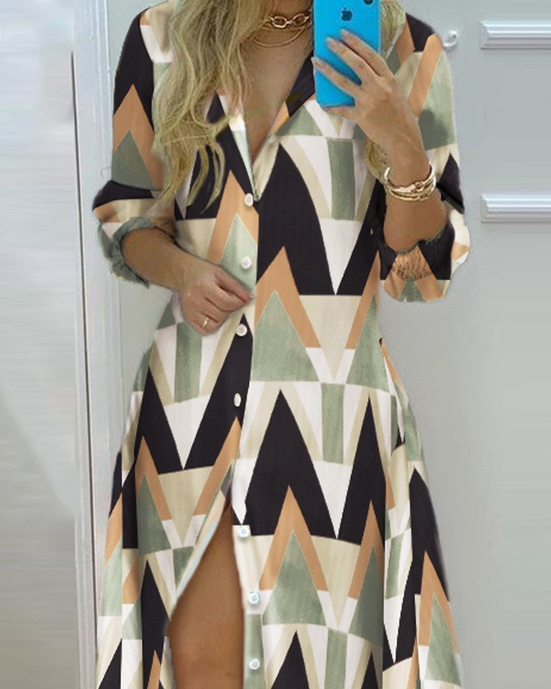 2024 Spring Autumn Sexy Polo Neck Shirt Dress Women's Long Sleeve Retro style Personalized Print Dress Casual Shirt Dress