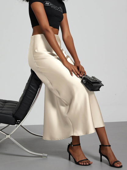 Fashion Satin Party Long Skirt High Waist Solid Color Casual Basic Women Skirts