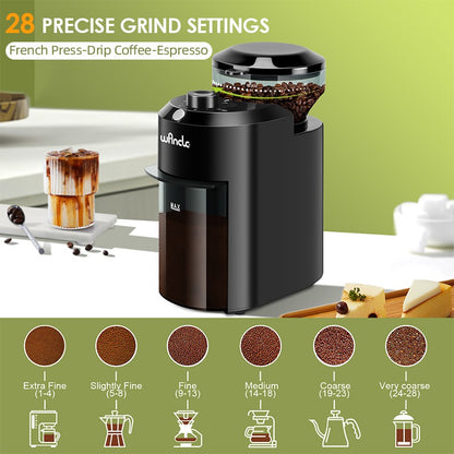 Moedor de Café Elétrico de Rebarba Wancle, Moedor Cônico Ajustável para Grãos de Café com 28 Configurações Precisas de Moagem 220V/120V