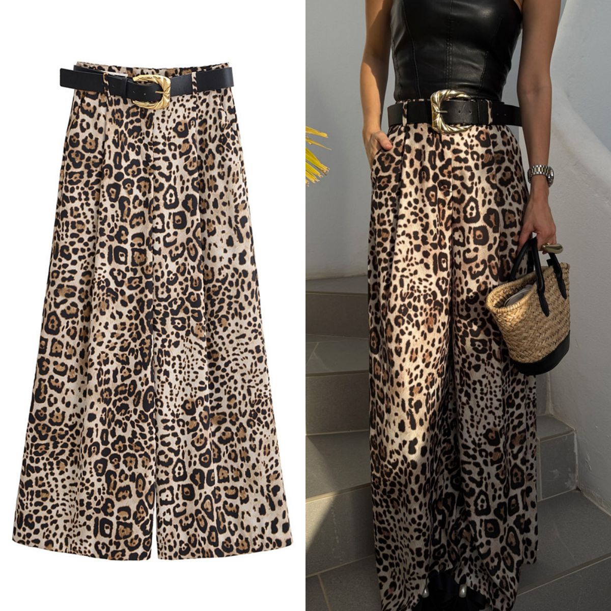 UNIZERA Leopard Satin with Belt High Waisted Trousers Wide Leg Pants Women's Clothing 2025 Summer New Arrivals Casual Pants