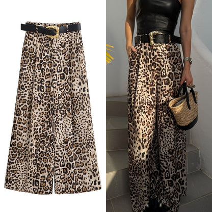 UNIZERA Leopard Satin with Belt High Waisted Trousers Wide Leg Pants Women's Clothing 2025 Summer New Arrivals Casual Pants