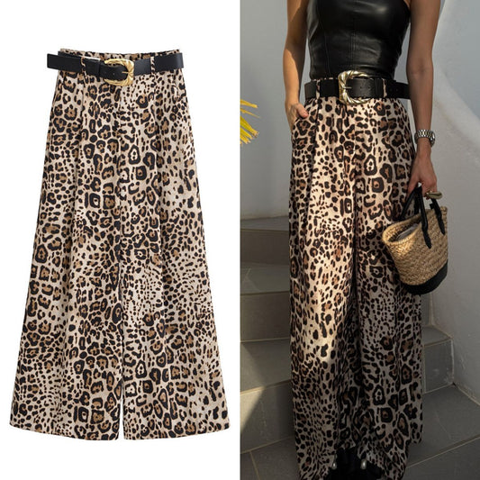 UNIZERA Leopard Satin with Belt High Waisted Trousers Wide Leg Pants Women's Clothing 2025 Summer New Arrivals Casual Pants