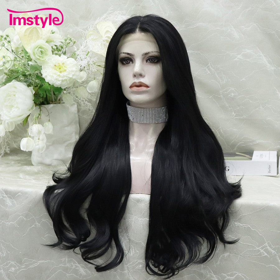 Imstyle Black Lace Wig Long Synthetic Lace Front Wig Heat Resistant Fiber Natural Wavy Lace Daily Cosplay Wigs For Women