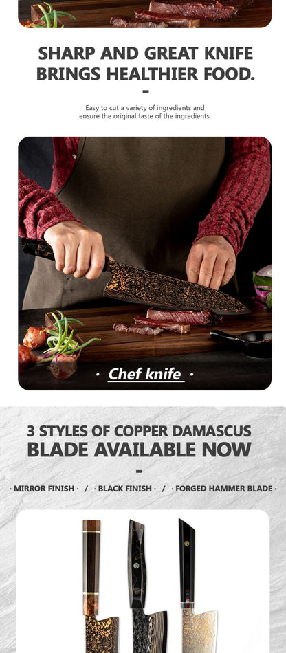 Conjunto de facas de aço Damasco japonês 37 camadas com cobre VG10, facas de cozinha, chef, bife, multiuso, frutas, para descascar, com cabo de resina de malha