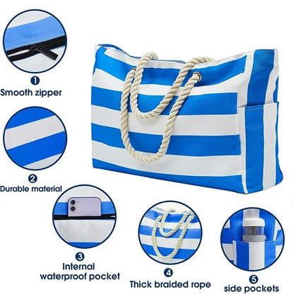 Large Capacity Stripe Tote Bag convenient Foldable Beach Bag?Shopping Bag Storage Bag?Perfect for Travel & Beach Play