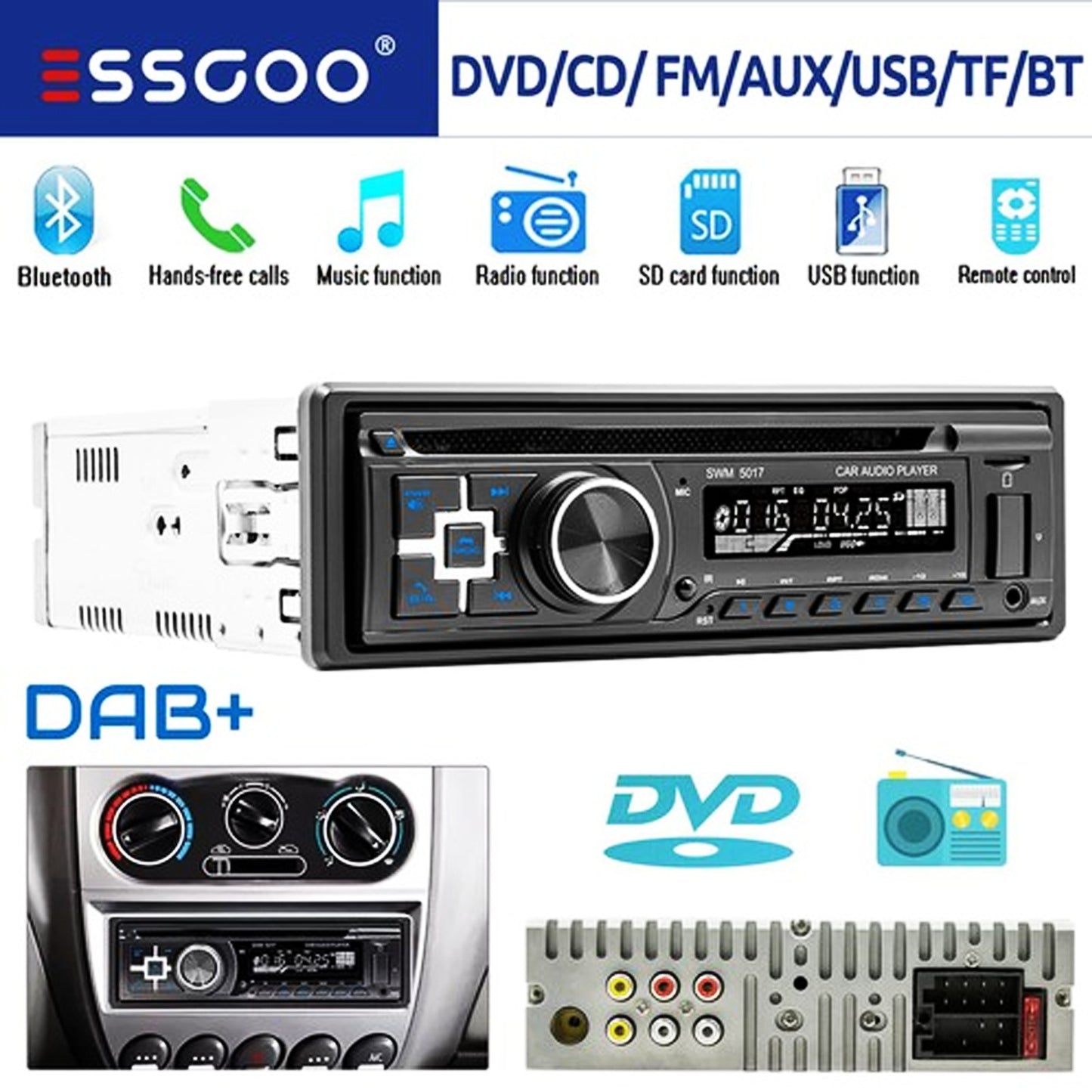 DAB Single 1 DIN Car Stereo Multimedia MP3 Player Bluetooth DVD Radio CD USB/AUX/ FM/TF In-dash Audio Head Unit Handsfree SD USB