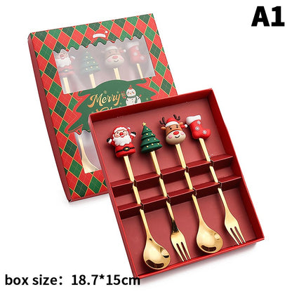 Stainless Steel Christmas Fork And Spoon Set with Gift Box for Coffee Tea Dessert Tableware