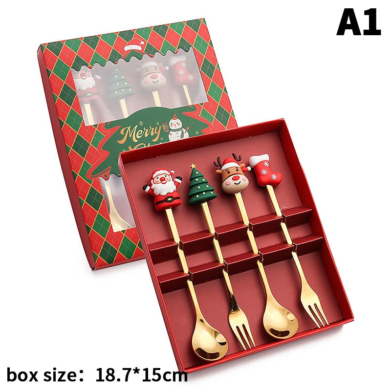Stainless Steel Christmas Fork And Spoon Set with Gift Box for Coffee Tea Dessert Tableware