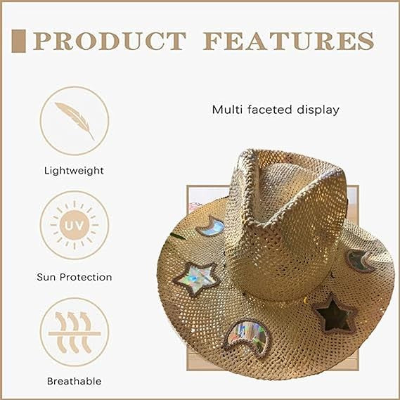 Moon Star Sequin Suncatcher Cowgirl Hats INS Fashion Summer Beach Women Straw Sun Hat Hollow Out Bohemian Western Cowgirls Hats