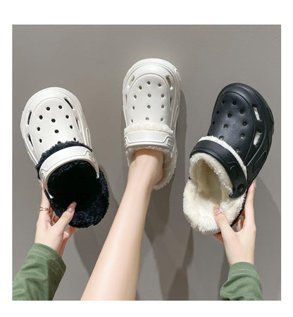 Plush slippers 2025 new winter men's and women's thick high heels soft-soled beach garden shoes home plush ripped slippers