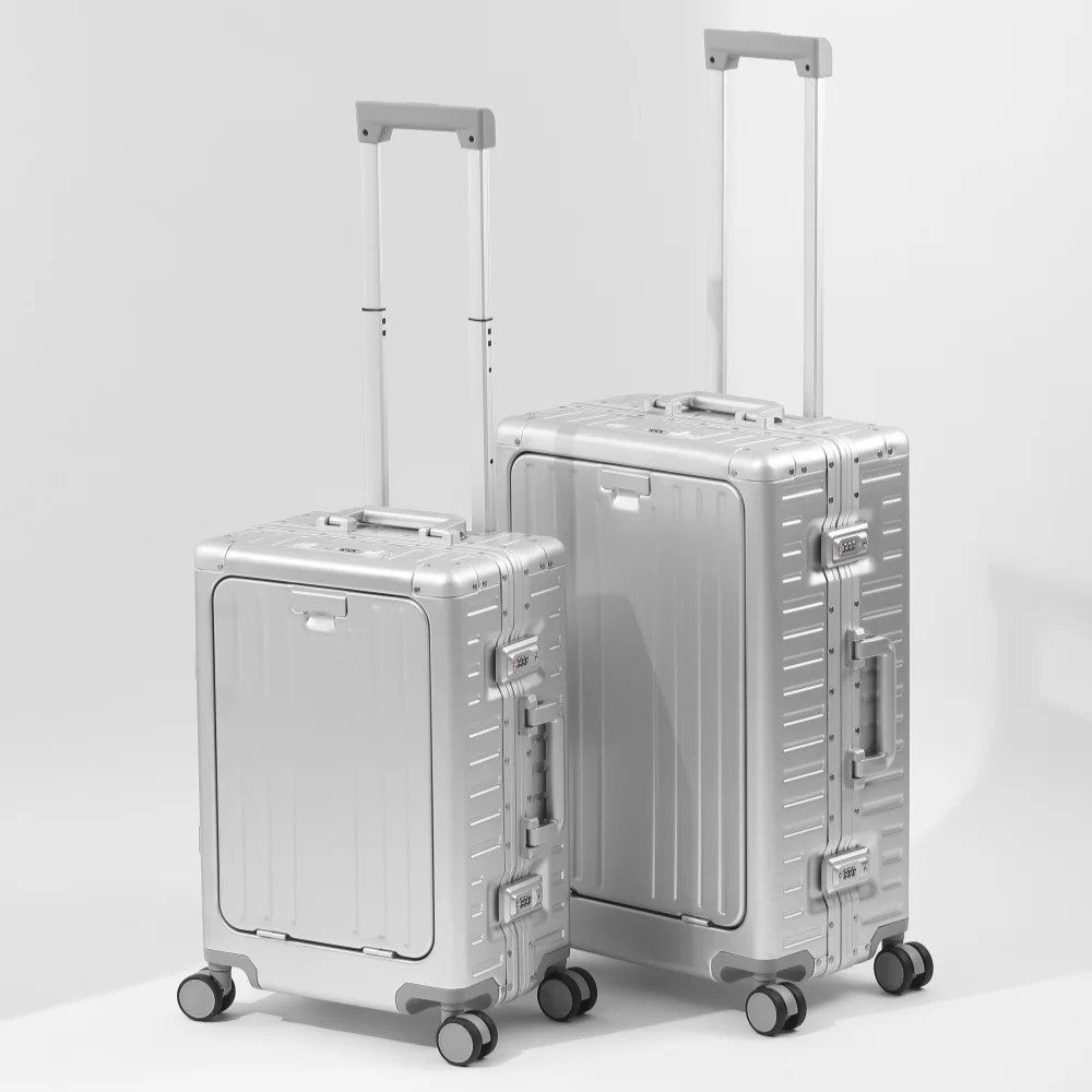 All Aluminum-magnesium Suitcase Front Opening Rolling Luggage with USB Charging Plug TSA Lock Trolley Case 20" Boarding Travel