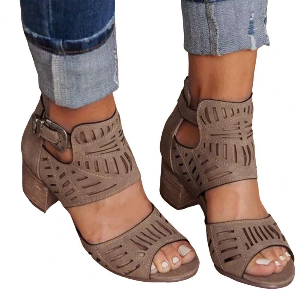 Women's Casual Boho Sandals Low Block Heel Summer Vacation Shoes Ladies Sandals with Buckles Chic Heeled Sandals for Ladies