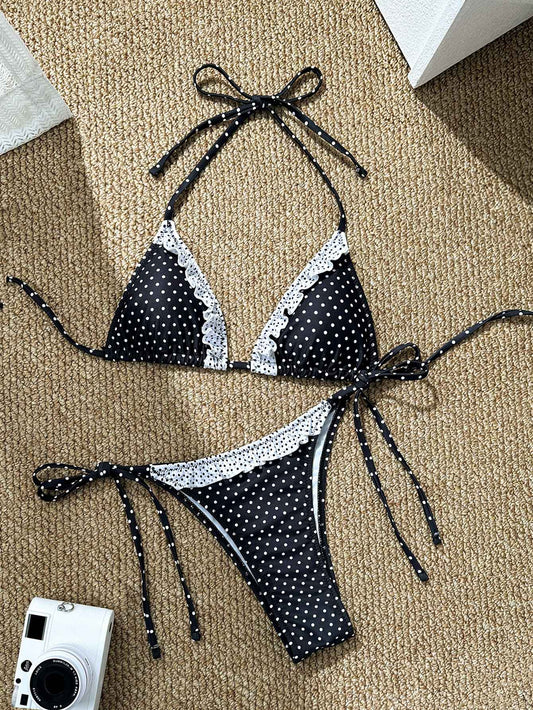 Sexy Black Dot Print Bikini Set Women Halter Lace Patchwork Push Up Bra Tie Side Thong Swimsuit 2025 Beach Bathing Suit Swimwear