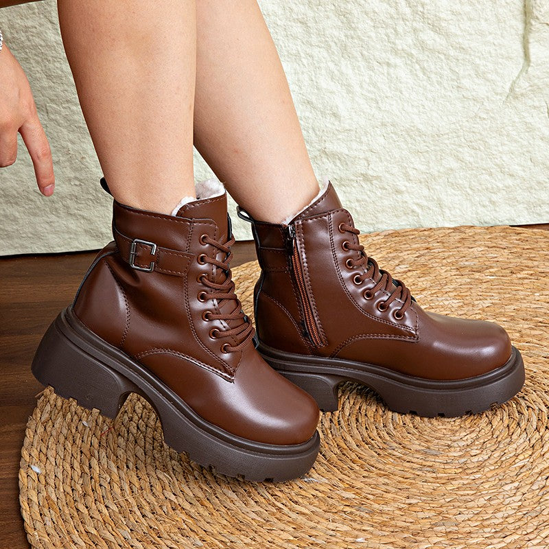 Brown Retro  Boots For Women British Style2025Autumn And Winter New Thick-Soled Height-Increasing Short Boots With