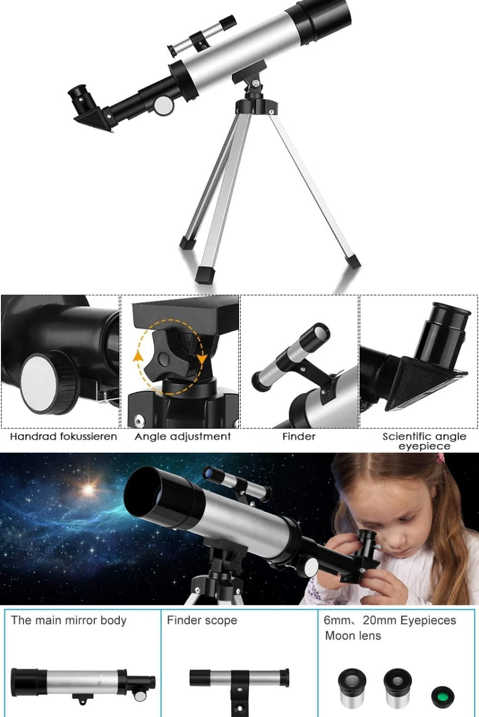 Telescópio Astronômico Profissional de Alta Definição F36050 É O Melhor Presente para Crianças Verem a Lua e as Estrelas