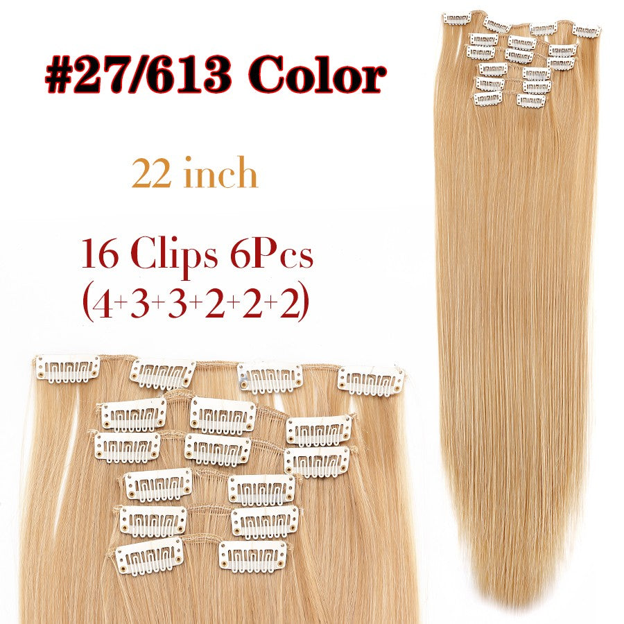 22 Polegadas Sintético Cabelo Liso Longo 16 Clipes 6 Peças/Conjunto Apliques de Cabelo Loiro Preto Resistente ao Calor Para Mulheres