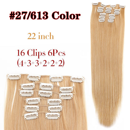 22 Polegadas Sintético Cabelo Liso Longo 16 Clipes 6 Peças/Conjunto Apliques de Cabelo Loiro Preto Resistente ao Calor Para Mulheres