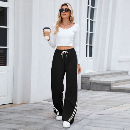 2025 Women Stripe Chic Straight Pant Autumn Spring Retro Sports Sweatpants Solid color casual fashion elegant waist womens pants