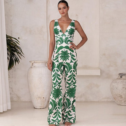 Flaxmaker Women Sexy Deep V Neck Printed One-piece Swimsuit and Pants Sets Swimwear Monokini Girl Beach Bathing Suits Beachwear