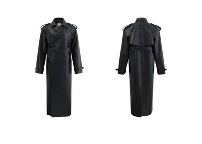 Lautaro Spring Autumn Extra Long Black Pu Leather Trench Coat for Women with Back High Slit Luxury Chic European Fashion 2024
