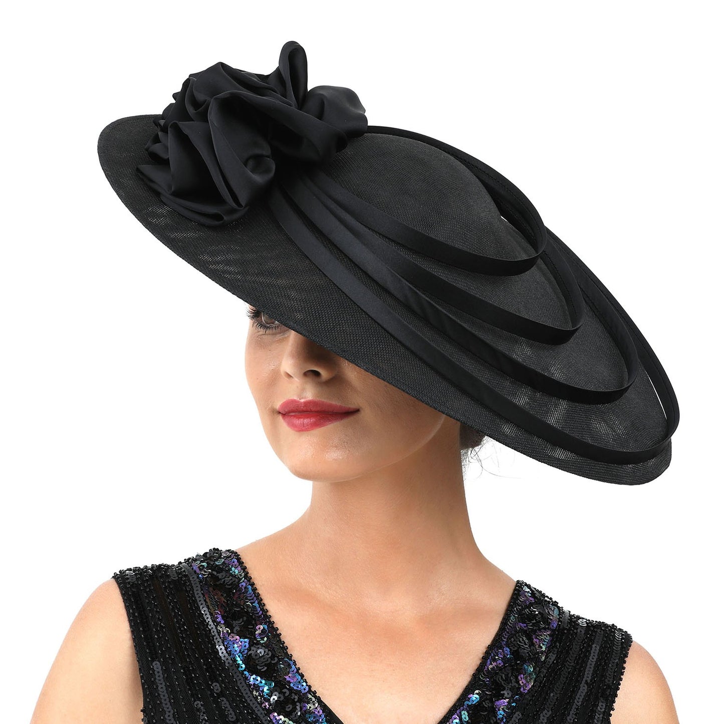 Fascinator Preto Grande com Flores Chapéu Sinamay para Igreja Chapéu Kentucky Derby Casamento Luxuoso Faixa de Cabelo Chapéu Coquetel Chá de Mulheres