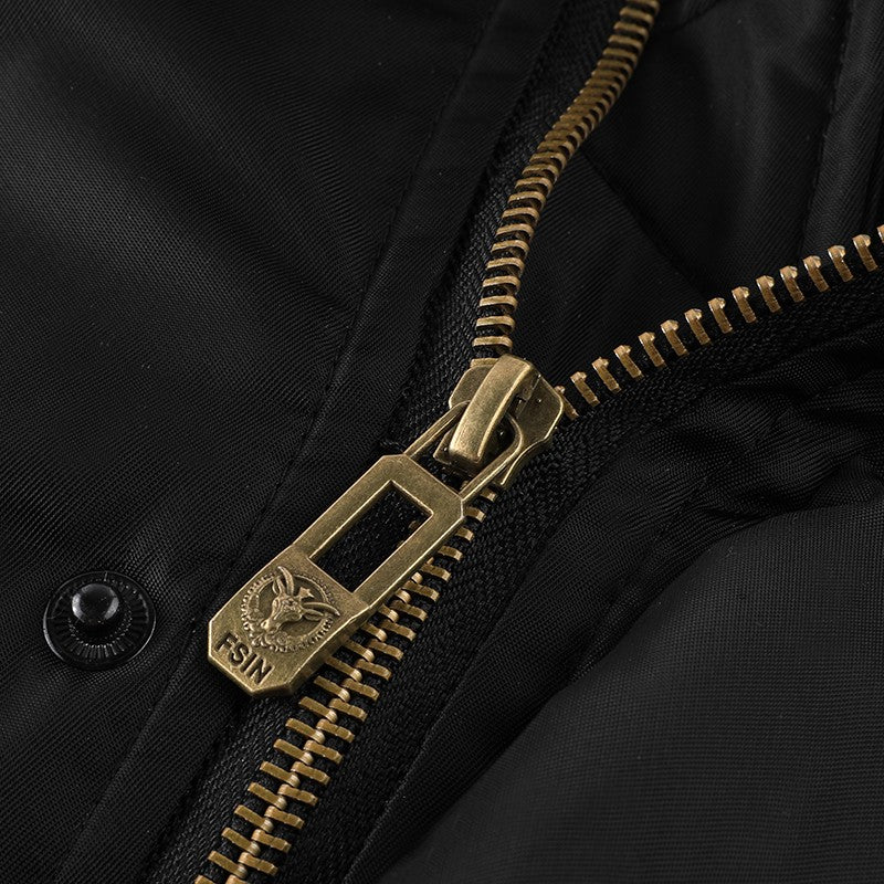 Men's Winter Black Aviator Jacket with Detachable Faux Fur Trimmed Hooded Cold Fashion Embroidered Badge and Zipper Pockets