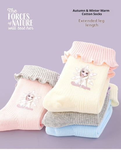 Disney Girls' Socks Autumn/Winter Lace Short Socks Elsa Princess A-Class Cartoon Children'S Cute Warm Cotton Socks