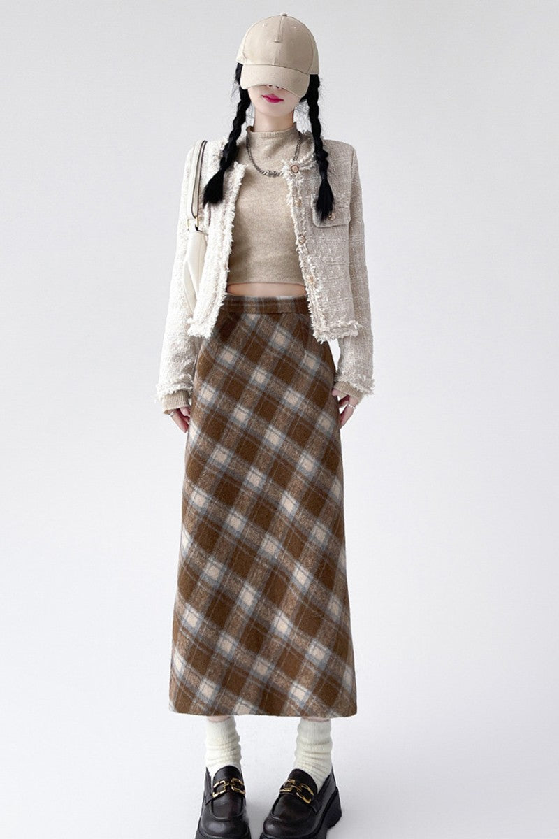 2025 Autumn Vintage Woolen Plaid Skirts Lady Elegant High Waist Slimming A-Line Skirt Women Korean Streetwear Slit Long Skirt