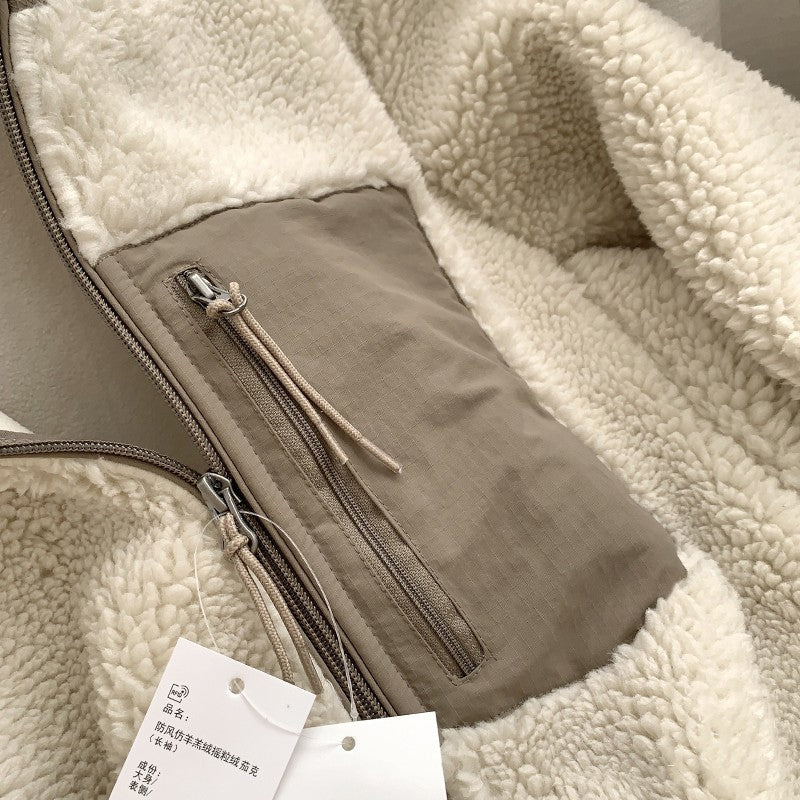 Autumn and Winter Japanese Men's and Women's Fleece Stand Neck Jacket Couple Zipper Loose Warm Lamb Wool Coat Solid Color Jacket