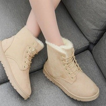 Smile Pop Winter New Flat Snow Boots Comfortable Warm Velvet Plush Cotton Shoes Round Toe Snow Boots Lace-up Short Boots Women