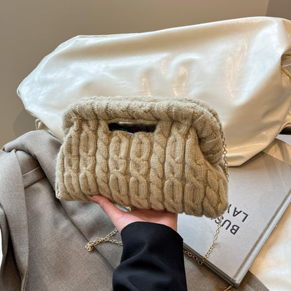 Women Knitting Chain Shoulder Bags Trend Crochet Clutch Purse Plush Cloud Handbags Autumn Winter Travel Daily Crossbody Bags