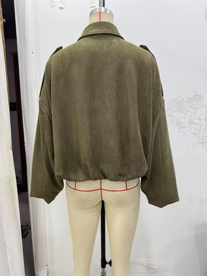 Women's Jacket Fall 2025 New Solid Color Long-Sleeved Faux Suede Loose Bomber Jacket Casual Fashion Personality Versatile