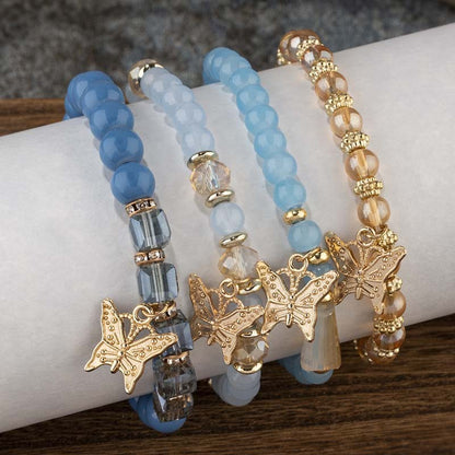 Conjunto de Pulseiras Femininas Boho com 4 Peças, Borboleta, Cristais e Miçangas, Joias da Moda, Presente para Festas