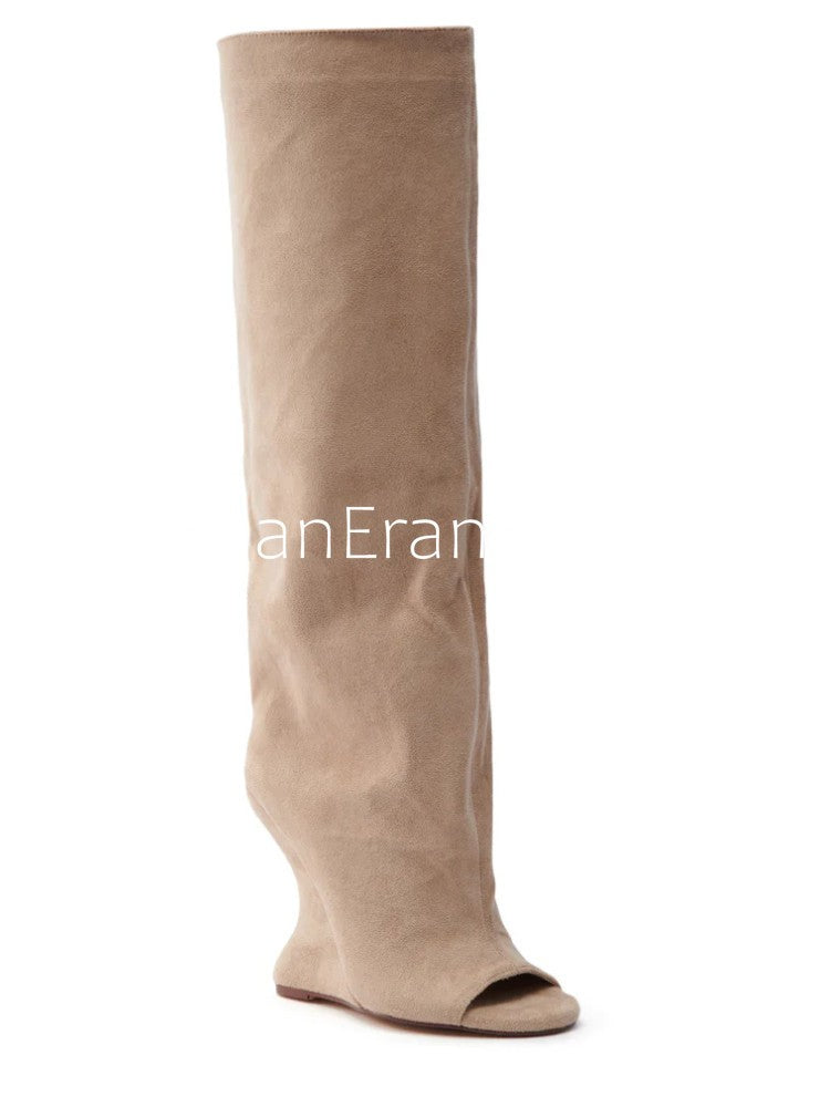 2025Spring and Autumn Fashion New Thick High Heels Women's Knee Length Wide Tube Version Fish Mouth Boots Middle Top Boots