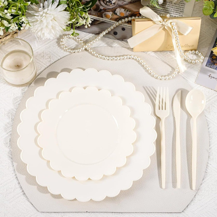 150 Pcs Ivory Plastic Plates for Party Disposable Heavy Duty Thanksgiving Plates Ivory Plastic Dinnerware Sets for 30 Guests - 6