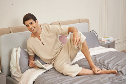 Summer Cotton Linen Shirt Set Men's Casual Outdoor 2-Piece Suit Andhome Clothes Pajamas Comfy Breathable Beach Short Sleeve Sets